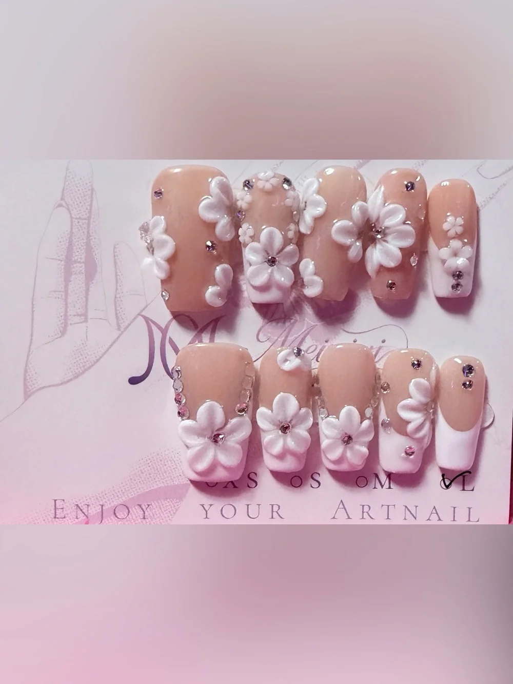 Nude Pink 3D Floral Press-On Nails with Rhinestones - Women Makeup
